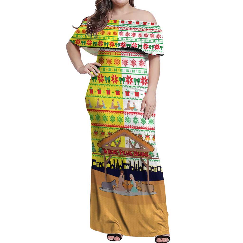 Vatican Christmas Off Shoulder Maxi Dress with Bethlehem Silhouette Yellow Red Green Pattern and Baby Jesus Manger - Wonder Print Shop