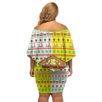 Vatican Christmas Off Shoulder Short Dress with Bethlehem Silhouette Yellow Red Green Pattern and Baby Jesus Manger - Wonder Print Shop