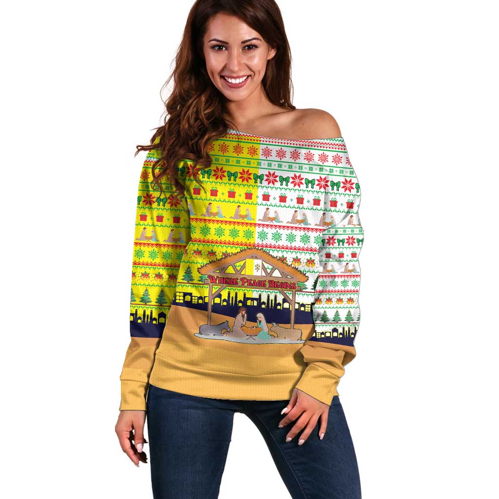 Vatican Christmas Off Shoulder Sweater with Bethlehem Silhouette Yellow Red Green Pattern and Baby Jesus Manger - Wonder Print Shop