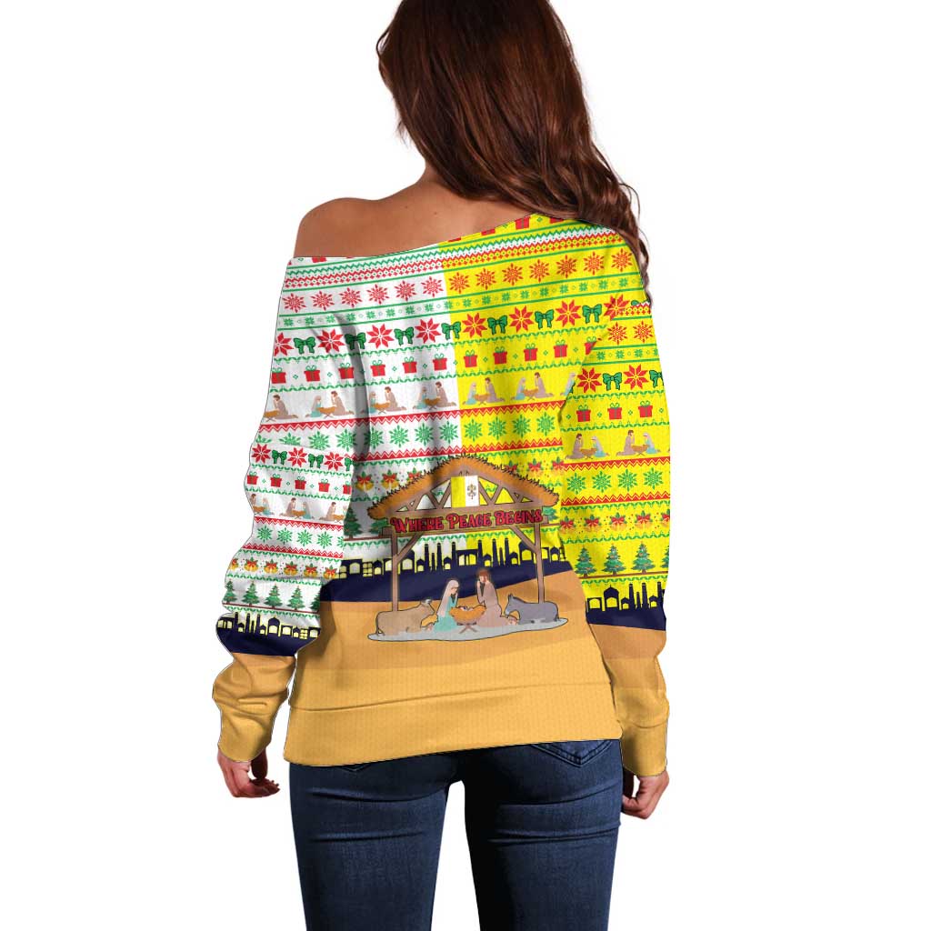 Vatican Christmas Off Shoulder Sweater with Bethlehem Silhouette Yellow Red Green Pattern and Baby Jesus Manger - Wonder Print Shop