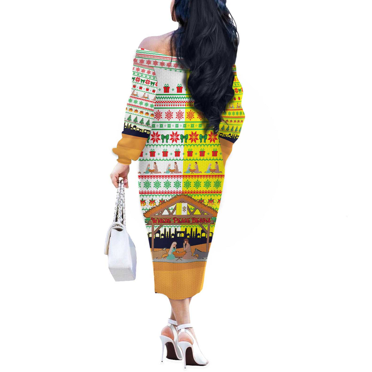 Vatican Christmas Off The Shoulder Long Sleeve Dress with Bethlehem Silhouette Yellow Red Green Pattern and Baby Jesus Manger - Wonder Print Shop