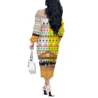 Vatican Christmas Off The Shoulder Long Sleeve Dress with Bethlehem Silhouette Yellow Red Green Pattern and Baby Jesus Manger - Wonder Print Shop