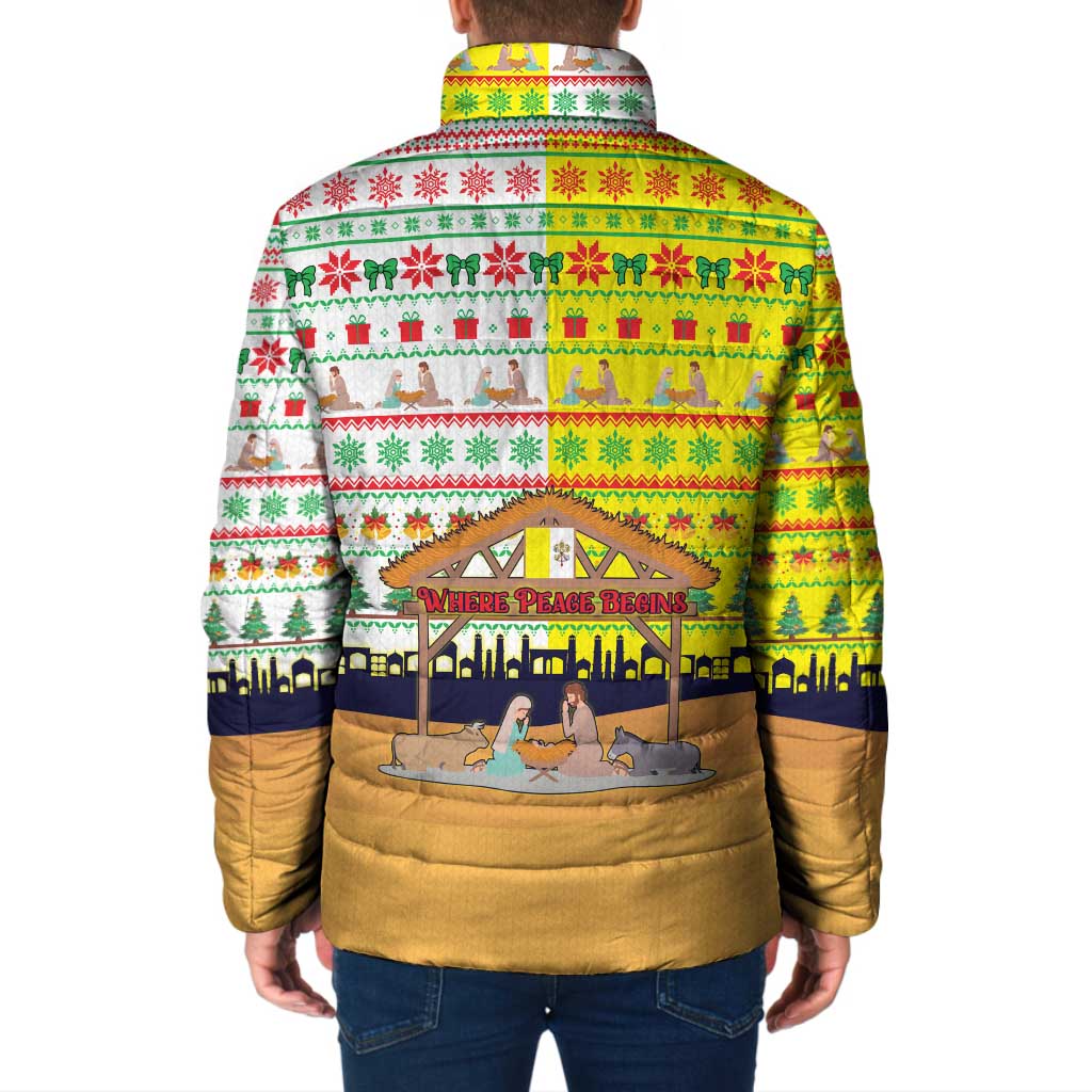 Vatican Christmas Padded Jacket with Bethlehem Silhouette Yellow Red Green Pattern and Baby Jesus Manger - Wonder Print Shop