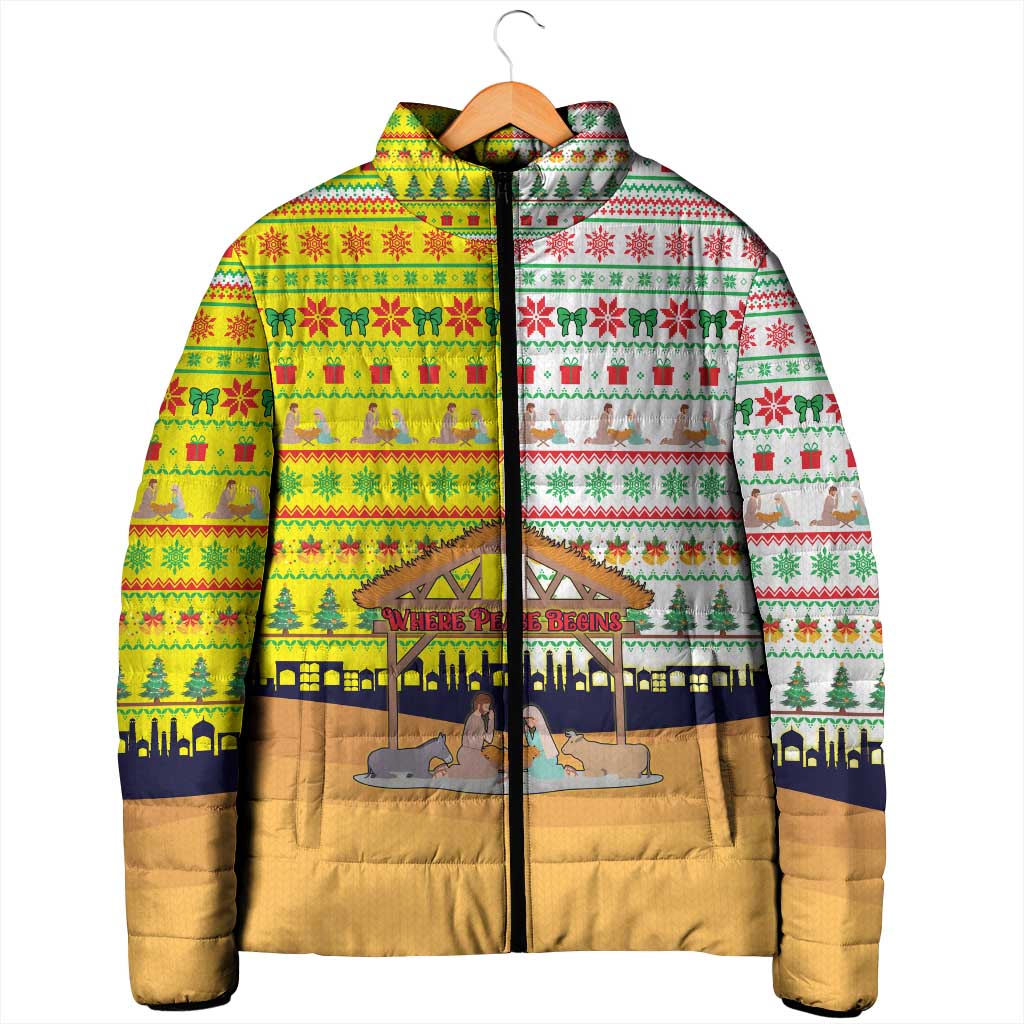 Vatican Christmas Padded Jacket with Bethlehem Silhouette Yellow Red Green Pattern and Baby Jesus Manger - Wonder Print Shop