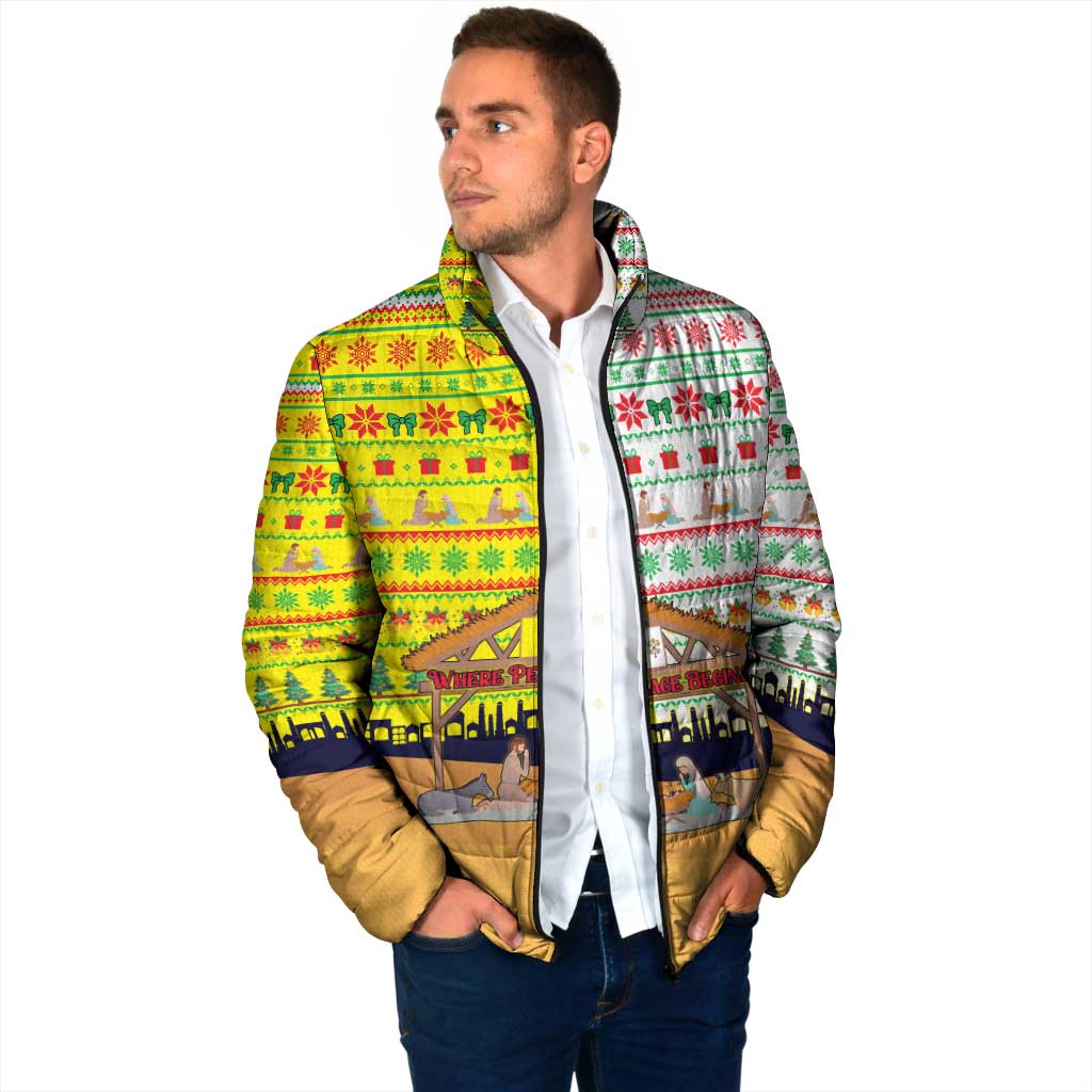 Vatican Christmas Padded Jacket with Bethlehem Silhouette Yellow Red Green Pattern and Baby Jesus Manger - Wonder Print Shop