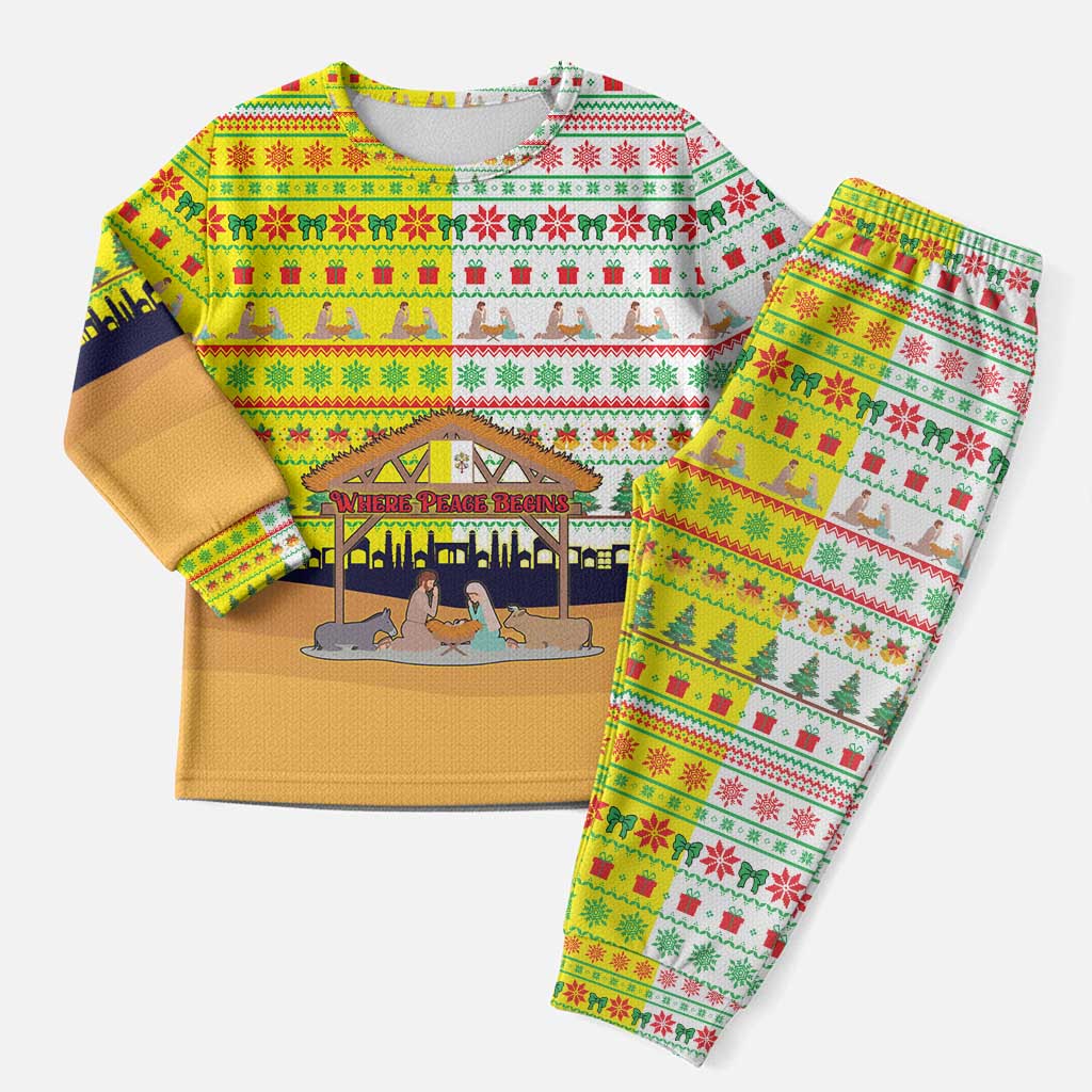 Vatican Christmas Pajama Set with Bethlehem Silhouette Yellow Red Green Pattern and Baby Jesus Manger - Wonder Print Shop