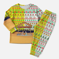 Vatican Christmas Pajama Set with Bethlehem Silhouette Yellow Red Green Pattern and Baby Jesus Manger - Wonder Print Shop