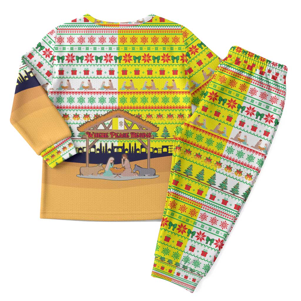 Vatican Christmas Pajama Set with Bethlehem Silhouette Yellow Red Green Pattern and Baby Jesus Manger - Wonder Print Shop