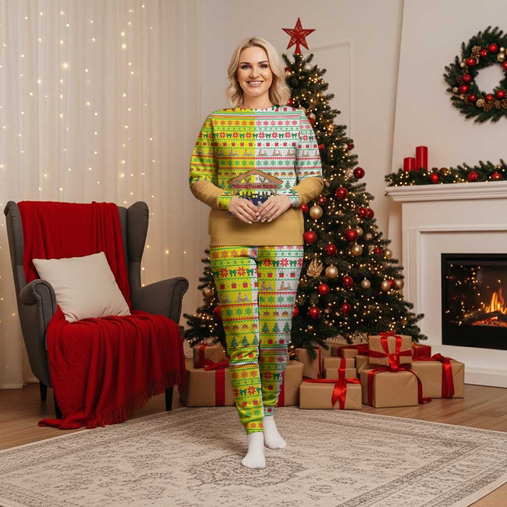 Vatican Christmas Pajama Set with Bethlehem Silhouette Yellow Red Green Pattern and Baby Jesus Manger - Wonder Print Shop