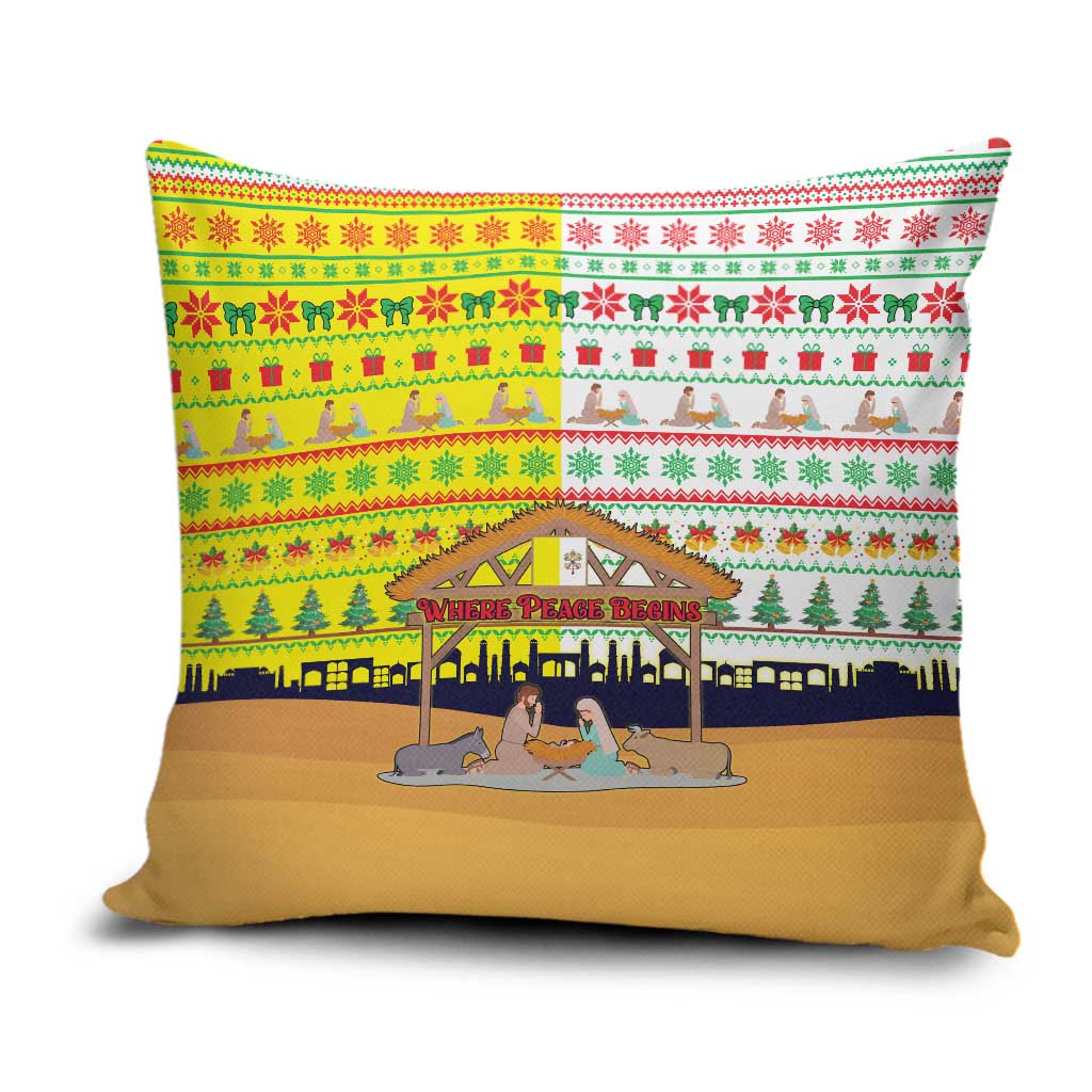 Vatican Christmas Pillow Cover with Bethlehem Silhouette Yellow Red Green Pattern and Baby Jesus Manger - Wonder Print Shop