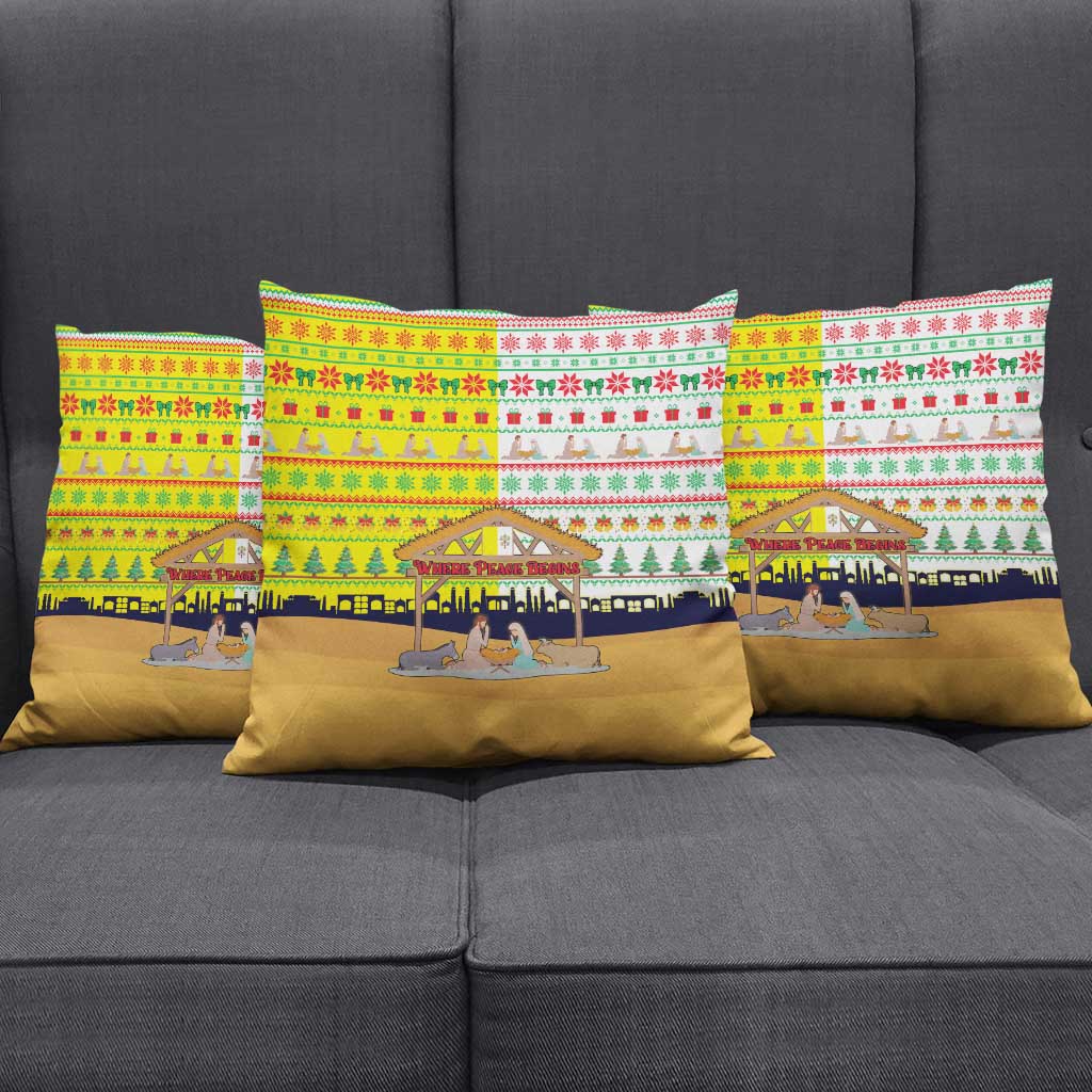 Vatican Christmas Pillow Cover with Bethlehem Silhouette Yellow Red Green Pattern and Baby Jesus Manger - Wonder Print Shop