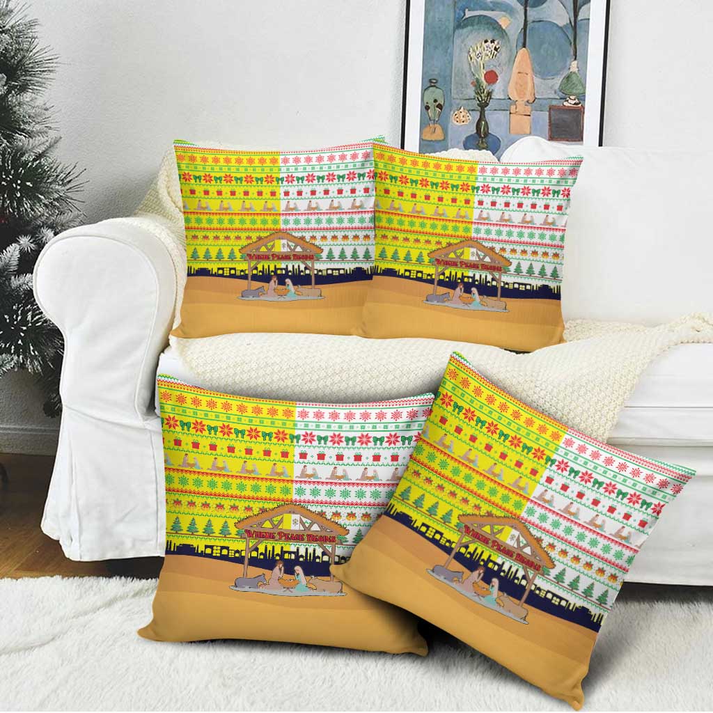 Vatican Christmas Pillow Cover with Bethlehem Silhouette Yellow Red Green Pattern and Baby Jesus Manger - Wonder Print Shop
