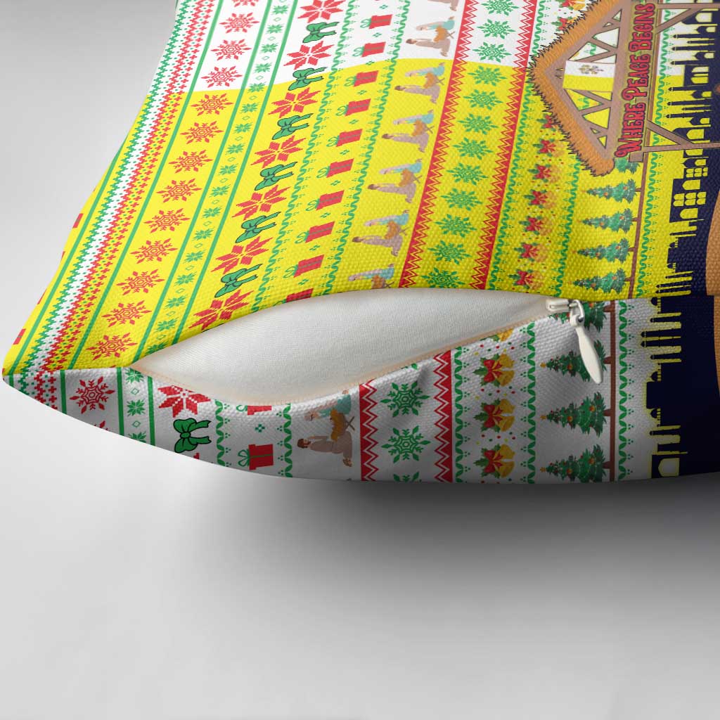 Vatican Christmas Pillow Cover with Bethlehem Silhouette Yellow Red Green Pattern and Baby Jesus Manger - Wonder Print Shop