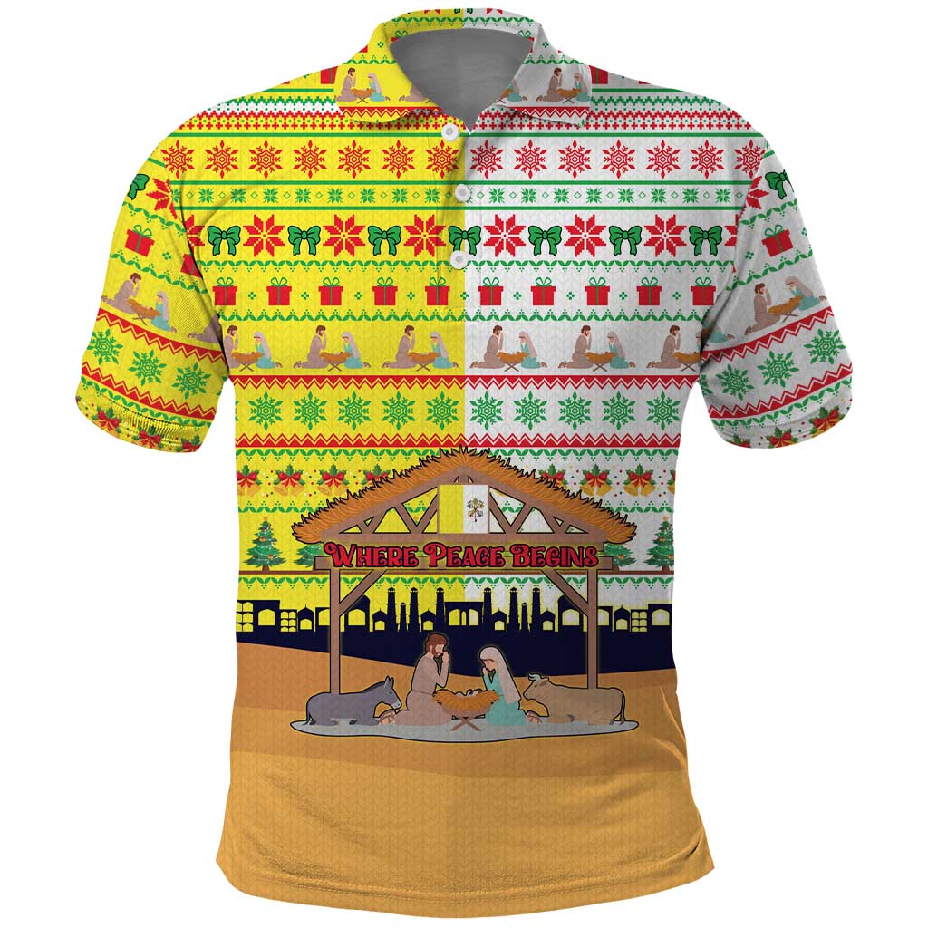 Vatican Christmas Polo Shirt with Bethlehem Silhouette Yellow Red Green Pattern and Baby Jesus Manger - Wonder Print Shop