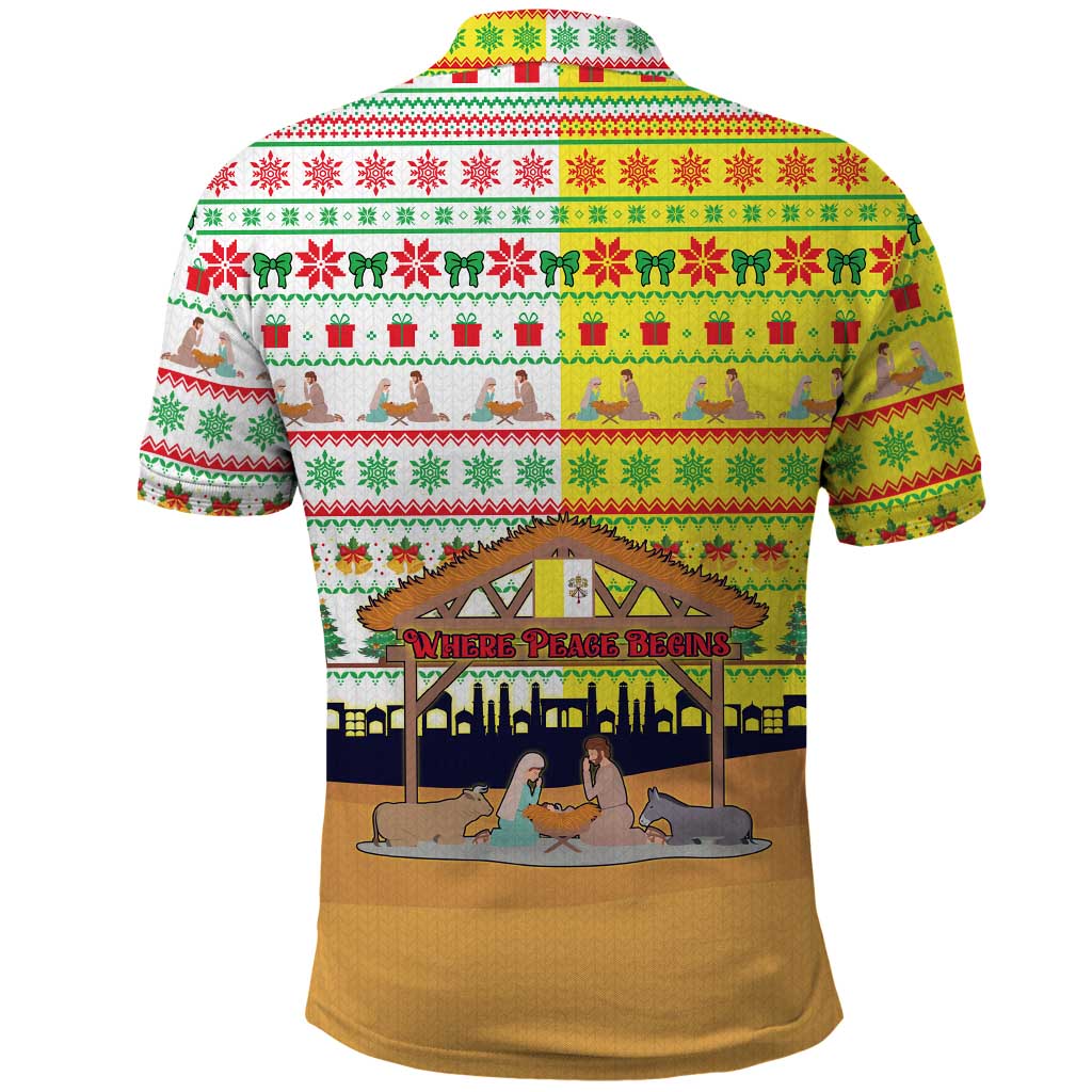 Vatican Christmas Polo Shirt with Bethlehem Silhouette Yellow Red Green Pattern and Baby Jesus Manger - Wonder Print Shop