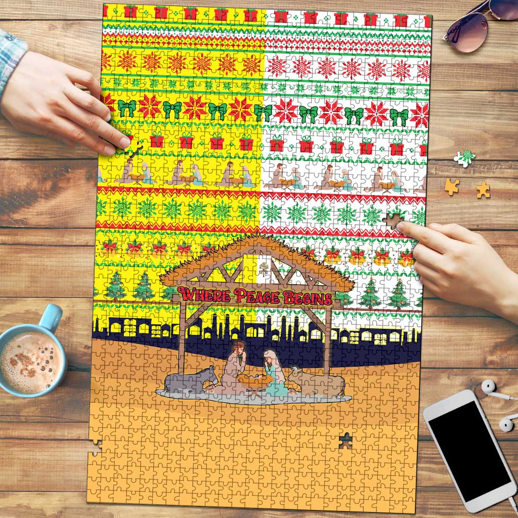 Vatican Christmas Puzzle with Bethlehem Silhouette Yellow Red Green Pattern and Baby Jesus Manger - Wonder Print Shop