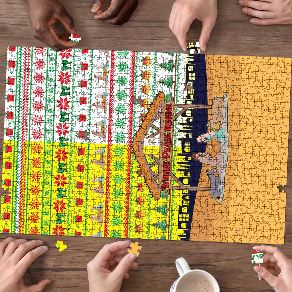 Vatican Christmas Puzzle with Bethlehem Silhouette Yellow Red Green Pattern and Baby Jesus Manger - Wonder Print Shop