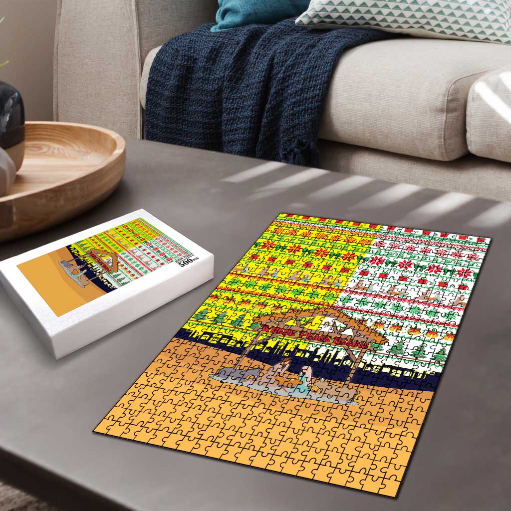 Vatican Christmas Puzzle with Bethlehem Silhouette Yellow Red Green Pattern and Baby Jesus Manger - Wonder Print Shop