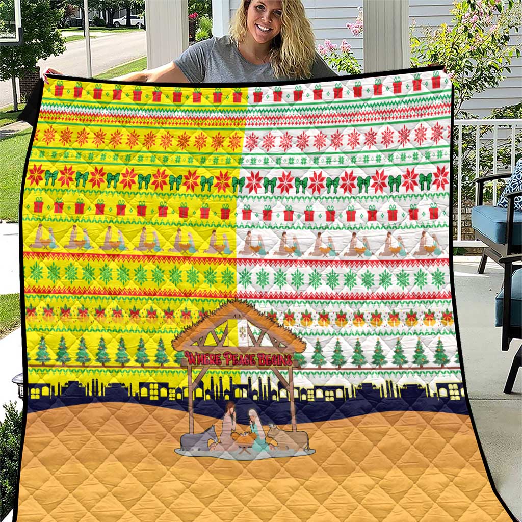 Vatican Christmas Quilt with Bethlehem Silhouette Yellow Red Green Pattern and Baby Jesus Manger - Wonder Print Shop