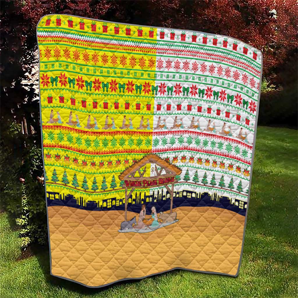 Vatican Christmas Quilt with Bethlehem Silhouette Yellow Red Green Pattern and Baby Jesus Manger - Wonder Print Shop