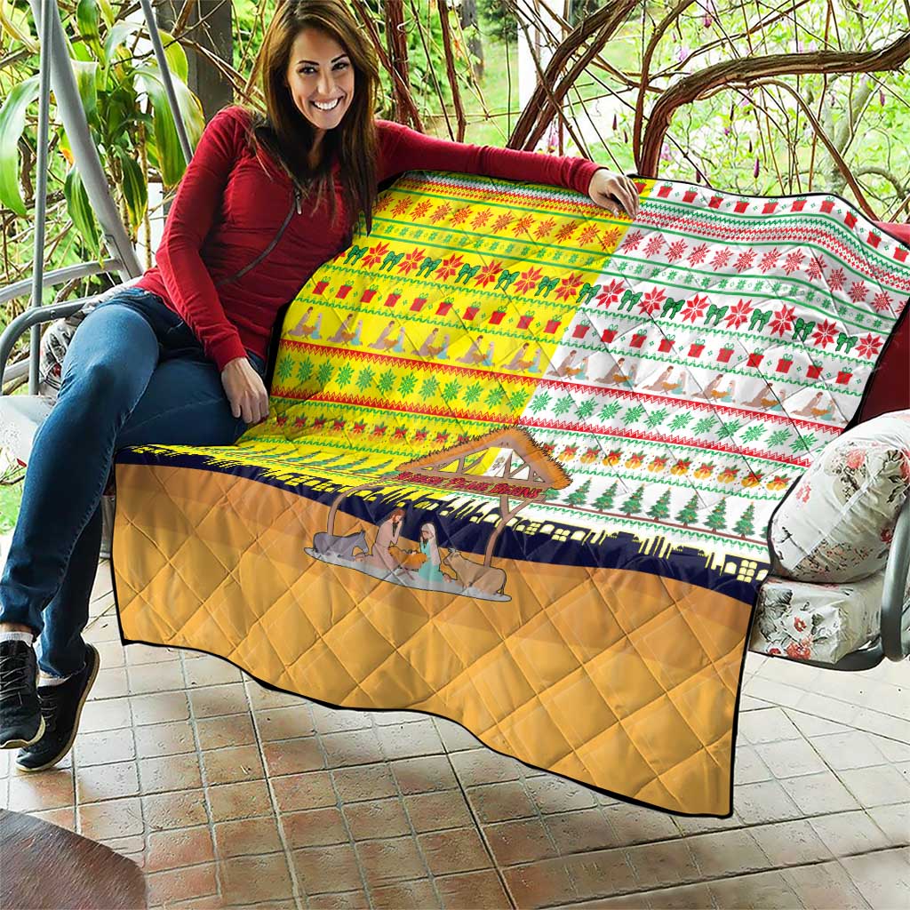 Vatican Christmas Quilt with Bethlehem Silhouette Yellow Red Green Pattern and Baby Jesus Manger - Wonder Print Shop