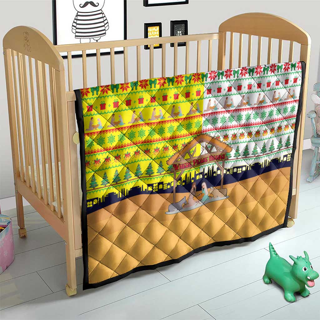 Vatican Christmas Quilt with Bethlehem Silhouette Yellow Red Green Pattern and Baby Jesus Manger - Wonder Print Shop
