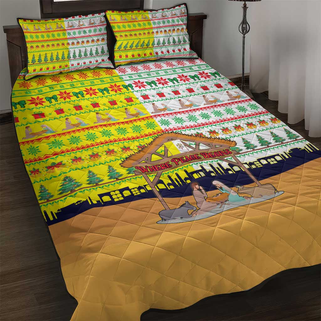 Vatican Christmas Quilt Bed Set with Bethlehem Silhouette Yellow Red Green Pattern and Baby Jesus Manger - Wonder Print Shop