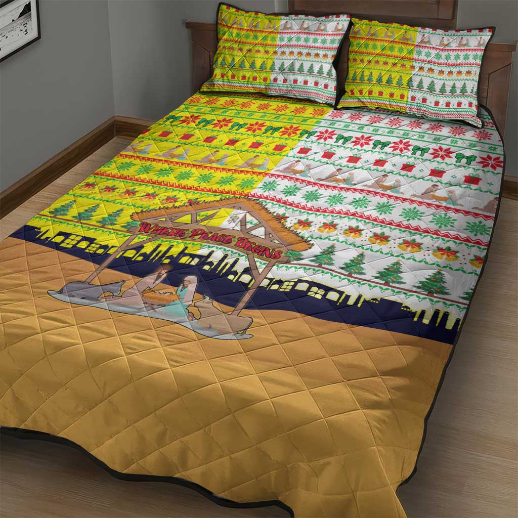 Vatican Christmas Quilt Bed Set with Bethlehem Silhouette Yellow Red Green Pattern and Baby Jesus Manger - Wonder Print Shop