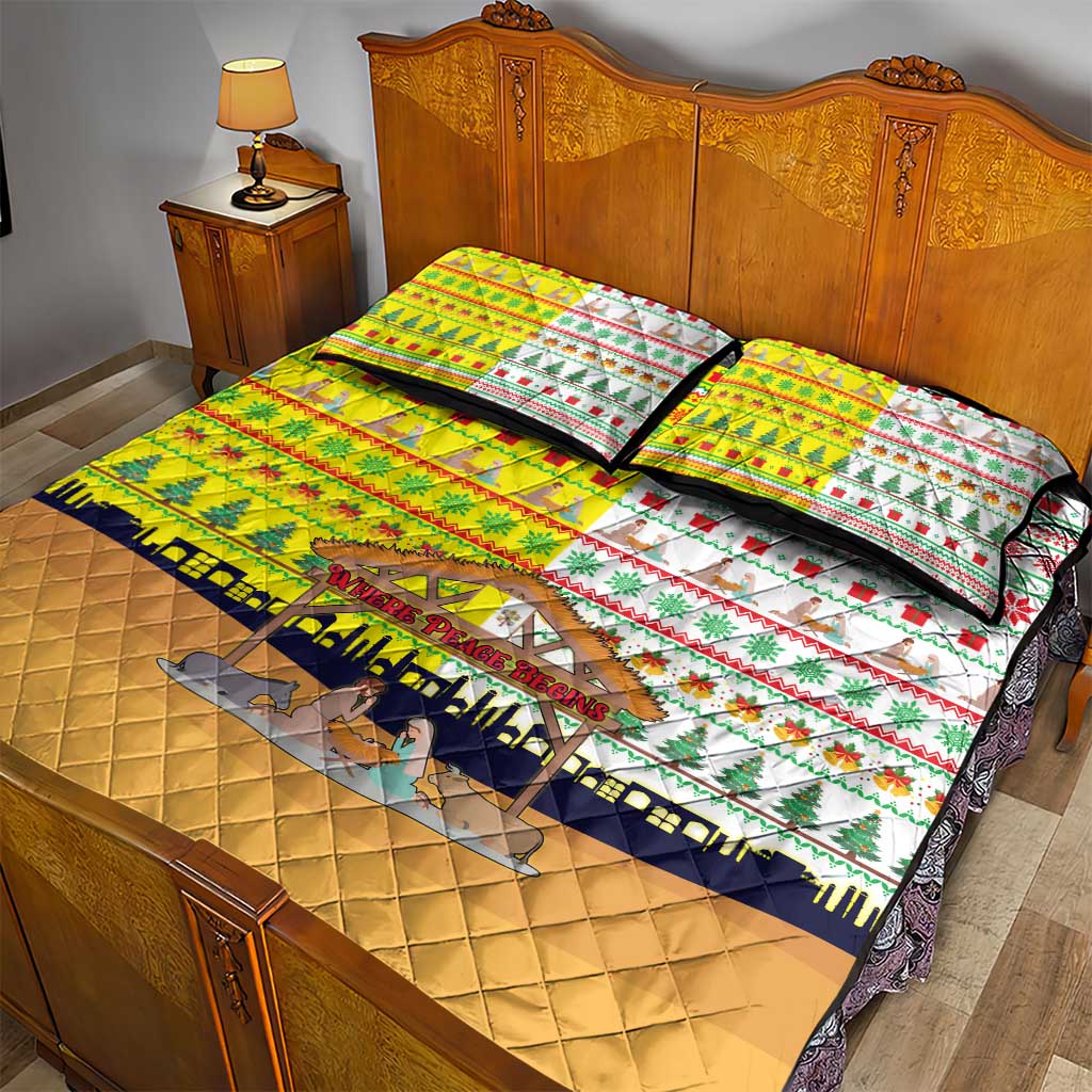Vatican Christmas Quilt Bed Set with Bethlehem Silhouette Yellow Red Green Pattern and Baby Jesus Manger - Wonder Print Shop
