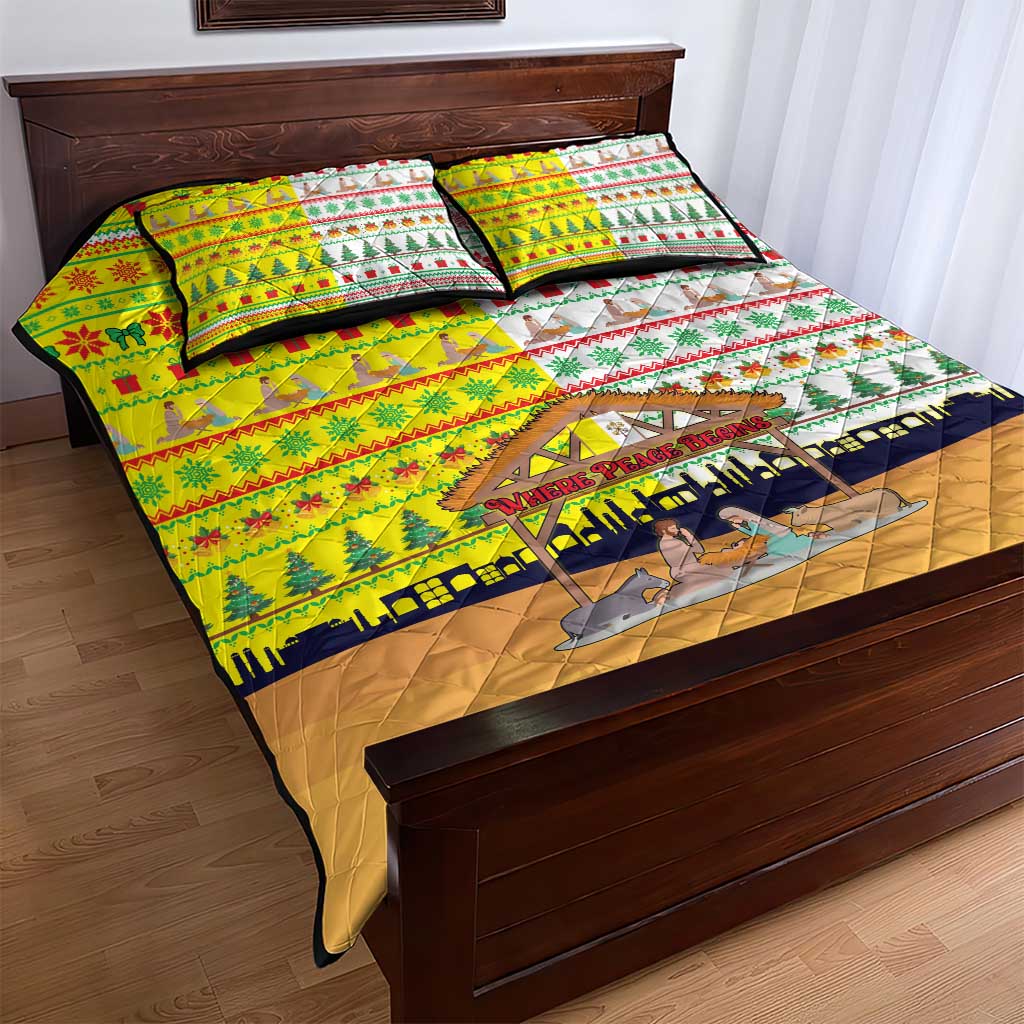 Vatican Christmas Quilt Bed Set with Bethlehem Silhouette Yellow Red Green Pattern and Baby Jesus Manger - Wonder Print Shop