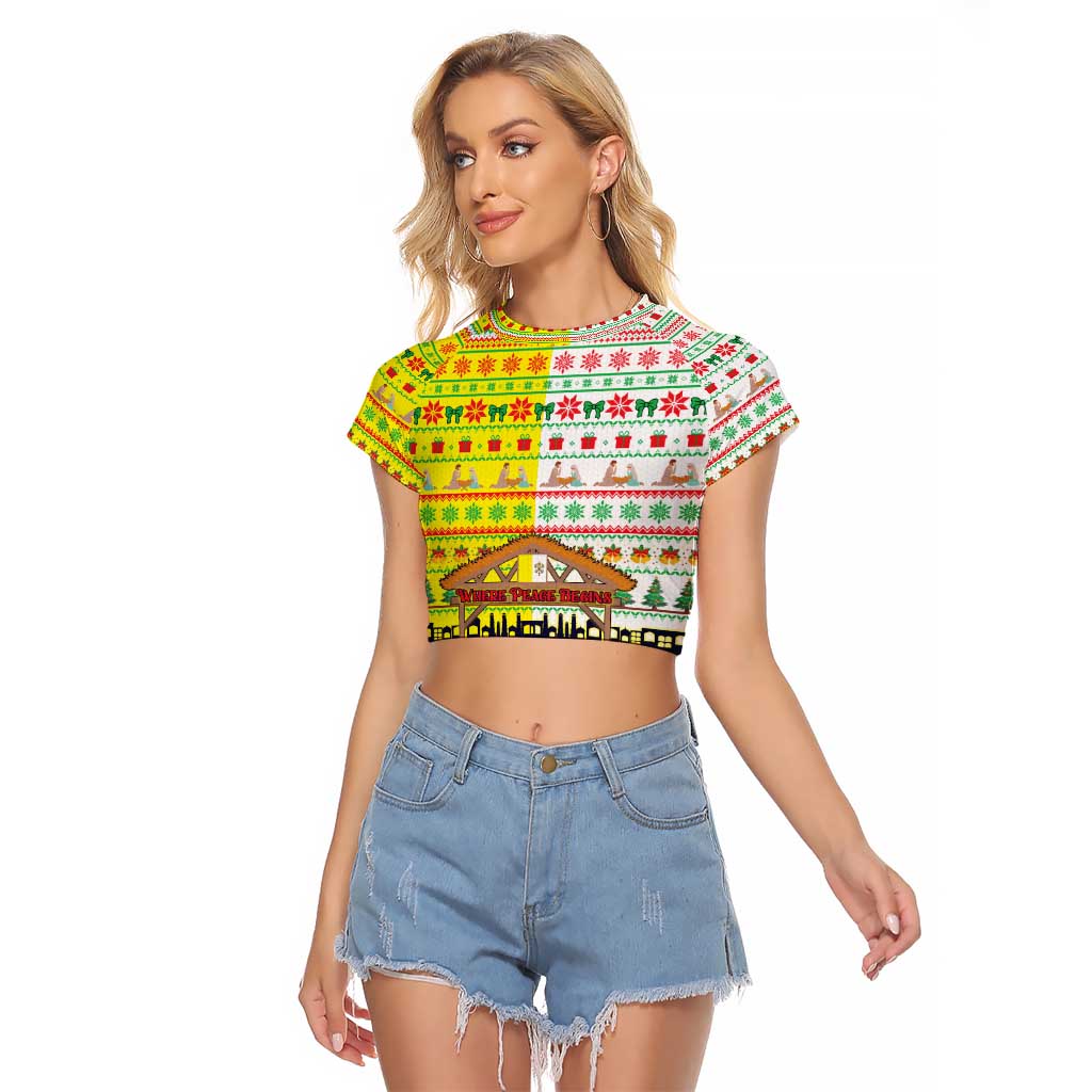 Vatican Christmas Raglan Cropped T Shirt with Bethlehem Silhouette Yellow Red Green Pattern and Baby Jesus Manger - Wonder Print Shop