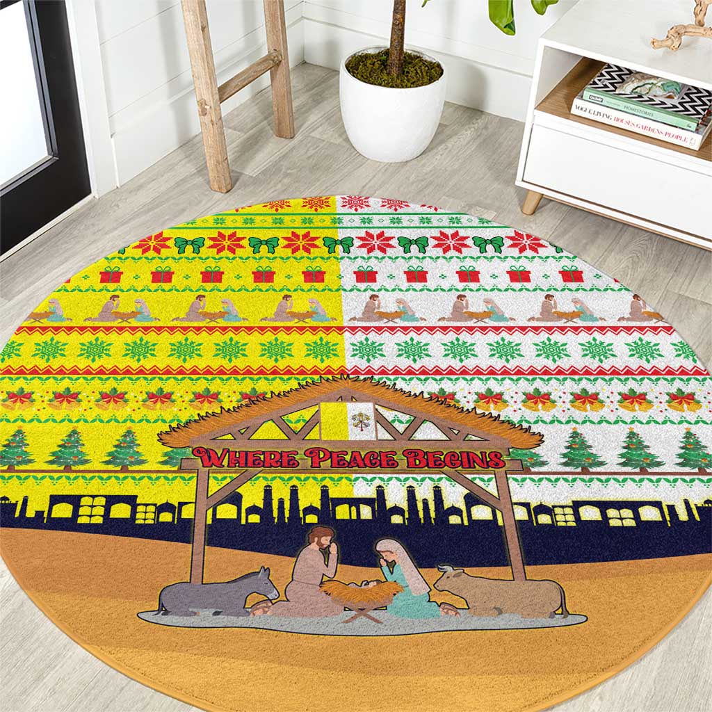 Vatican Christmas Round Carpet with Bethlehem Silhouette Yellow Red Green Pattern and Baby Jesus Manger - Wonder Print Shop