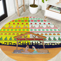 Vatican Christmas Round Carpet with Bethlehem Silhouette Yellow Red Green Pattern and Baby Jesus Manger - Wonder Print Shop