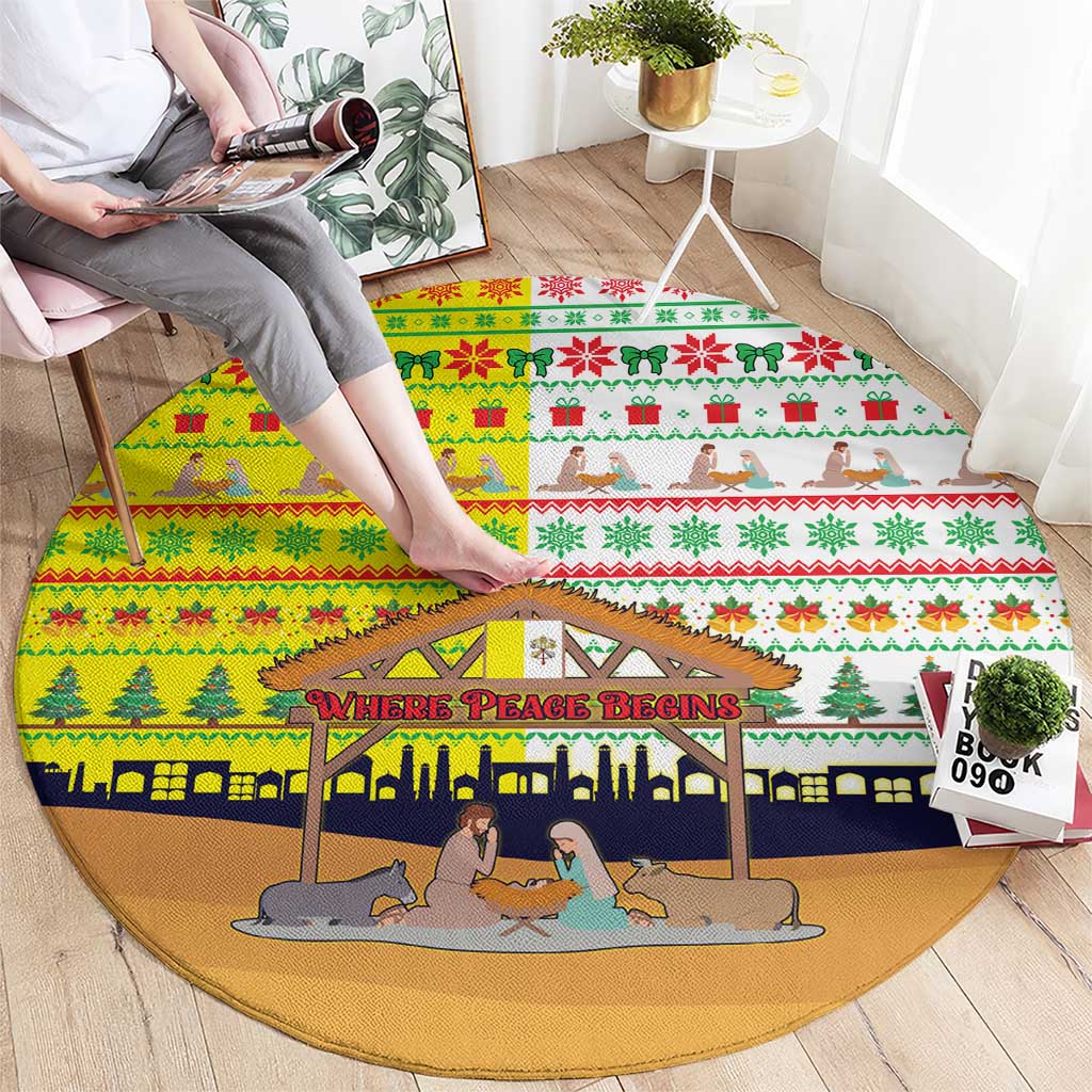 Vatican Christmas Round Carpet with Bethlehem Silhouette Yellow Red Green Pattern and Baby Jesus Manger - Wonder Print Shop