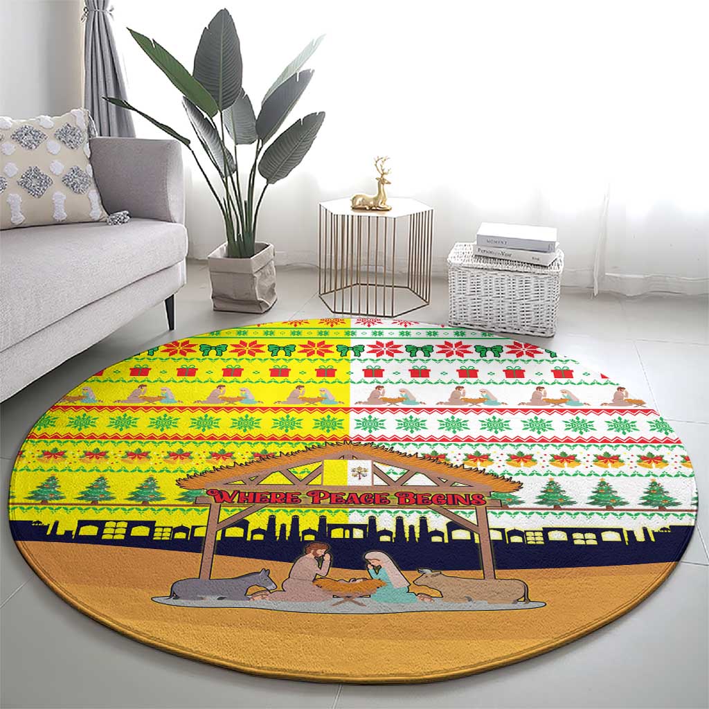 Vatican Christmas Round Carpet with Bethlehem Silhouette Yellow Red Green Pattern and Baby Jesus Manger - Wonder Print Shop