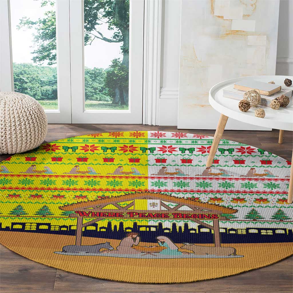 Vatican Christmas Round Carpet with Bethlehem Silhouette Yellow Red Green Pattern and Baby Jesus Manger - Wonder Print Shop