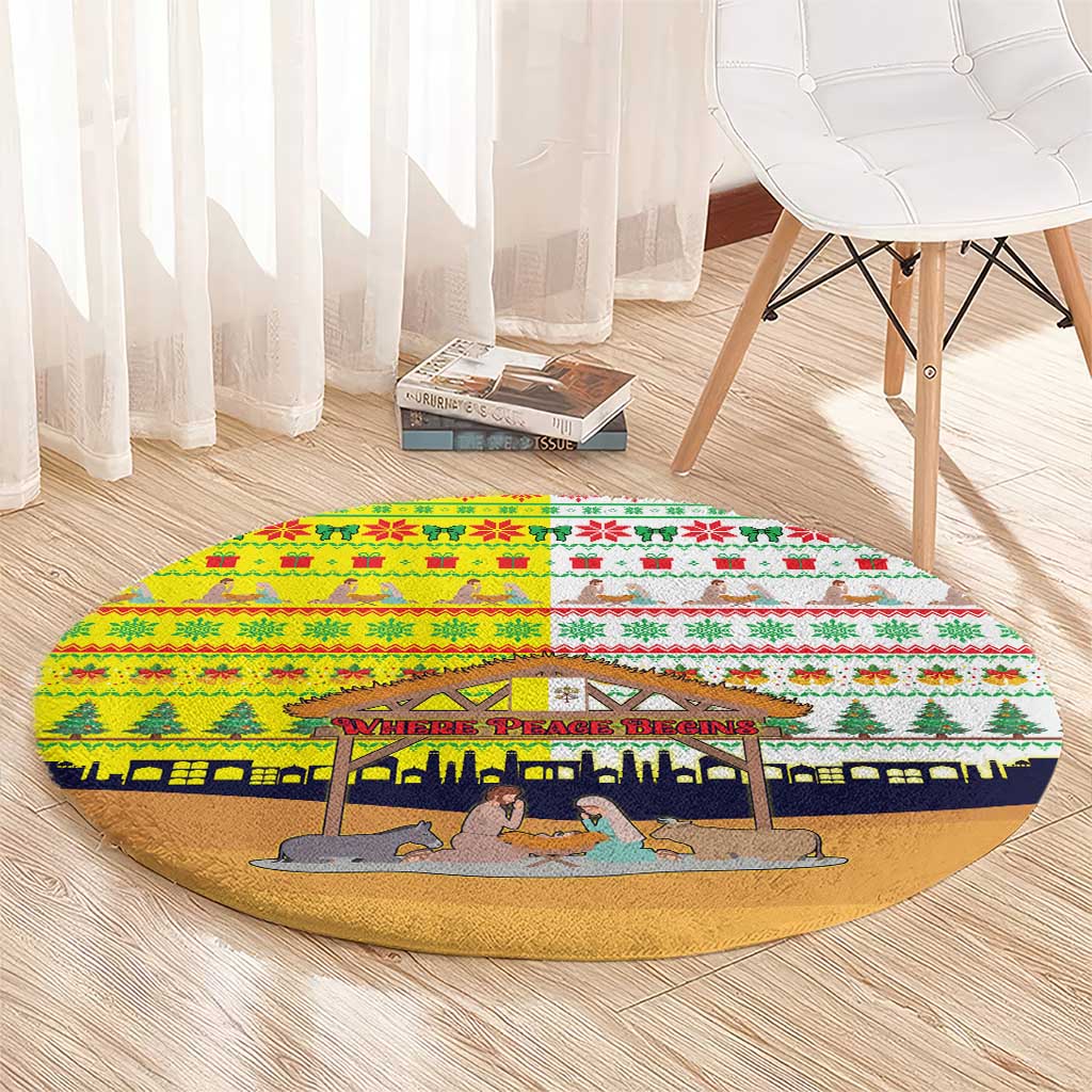 Vatican Christmas Round Carpet with Bethlehem Silhouette Yellow Red Green Pattern and Baby Jesus Manger - Wonder Print Shop