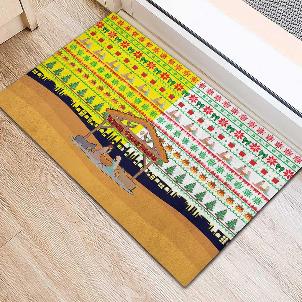 Vatican Christmas Rubber Doormat with Bethlehem Silhouette Yellow Red Green Pattern and Baby Jesus Manger - Wonder Print Shop