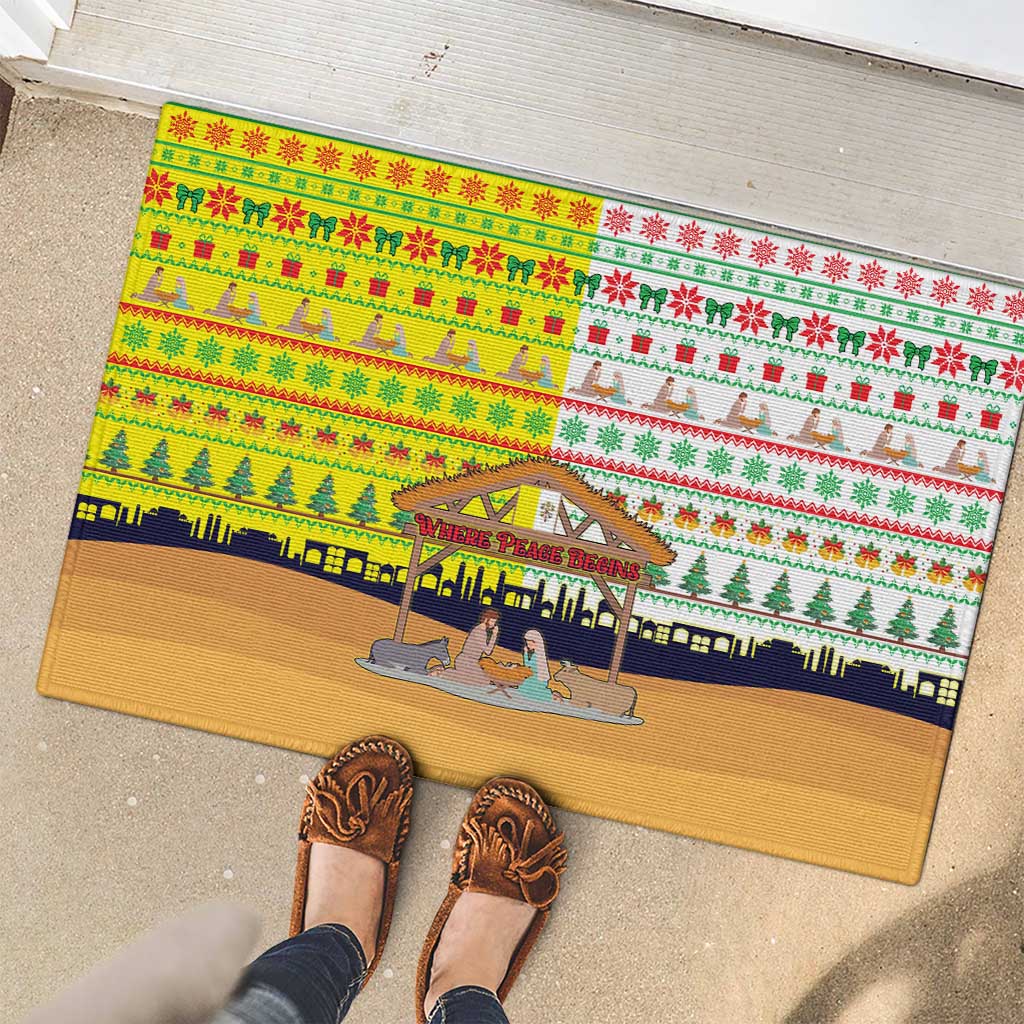 Vatican Christmas Rubber Doormat with Bethlehem Silhouette Yellow Red Green Pattern and Baby Jesus Manger - Wonder Print Shop