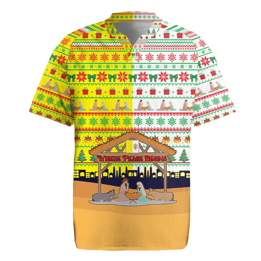 Vatican Christmas Rugby Jersey with Bethlehem Silhouette Yellow Red Green Pattern and Baby Jesus Manger - Wonder Print Shop