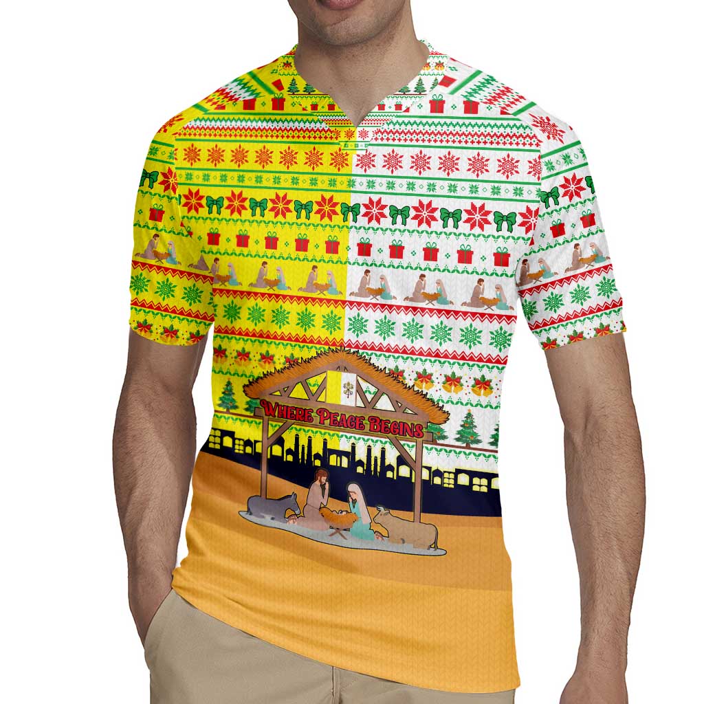 Vatican Christmas Rugby Jersey with Bethlehem Silhouette Yellow Red Green Pattern and Baby Jesus Manger - Wonder Print Shop