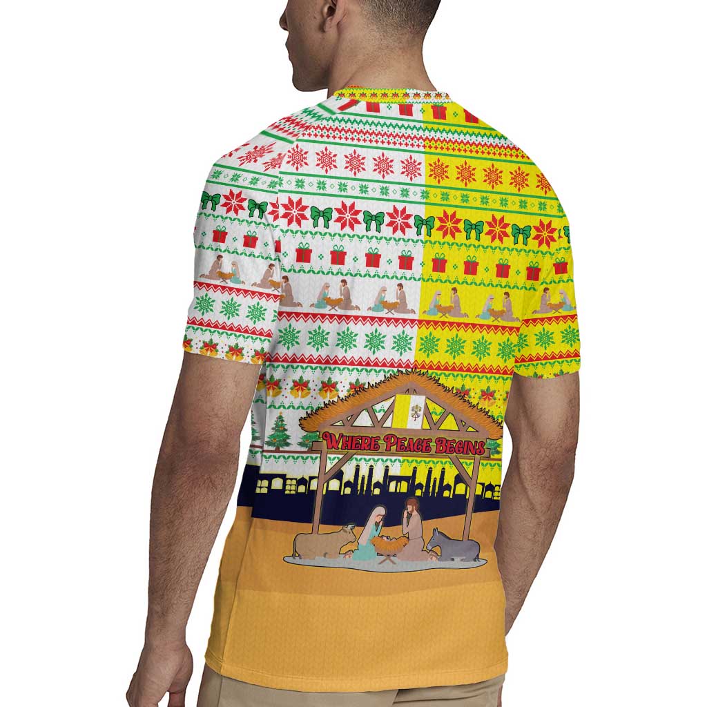 Vatican Christmas Rugby Jersey with Bethlehem Silhouette Yellow Red Green Pattern and Baby Jesus Manger - Wonder Print Shop