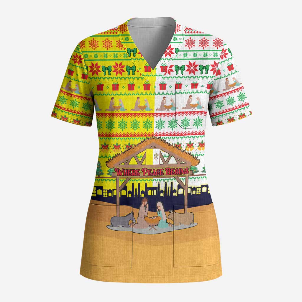 Vatican Christmas Scrub Top with Bethlehem Silhouette Yellow Red Green Pattern and Baby Jesus Manger - Wonder Print Shop