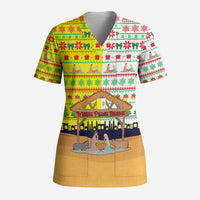 Vatican Christmas Scrub Top with Bethlehem Silhouette Yellow Red Green Pattern and Baby Jesus Manger - Wonder Print Shop