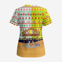 Vatican Christmas Scrub Top with Bethlehem Silhouette Yellow Red Green Pattern and Baby Jesus Manger - Wonder Print Shop