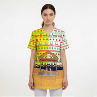 Vatican Christmas Scrub Top with Bethlehem Silhouette Yellow Red Green Pattern and Baby Jesus Manger - Wonder Print Shop