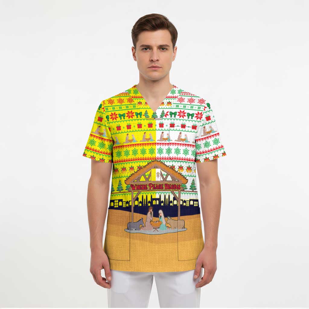 Vatican Christmas Scrub Top with Bethlehem Silhouette Yellow Red Green Pattern and Baby Jesus Manger - Wonder Print Shop