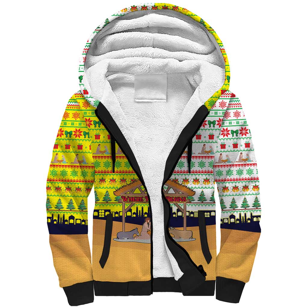 Vatican Christmas Sherpa Hoodie with Bethlehem Silhouette Yellow Red Green Pattern and Baby Jesus Manger - Wonder Print Shop