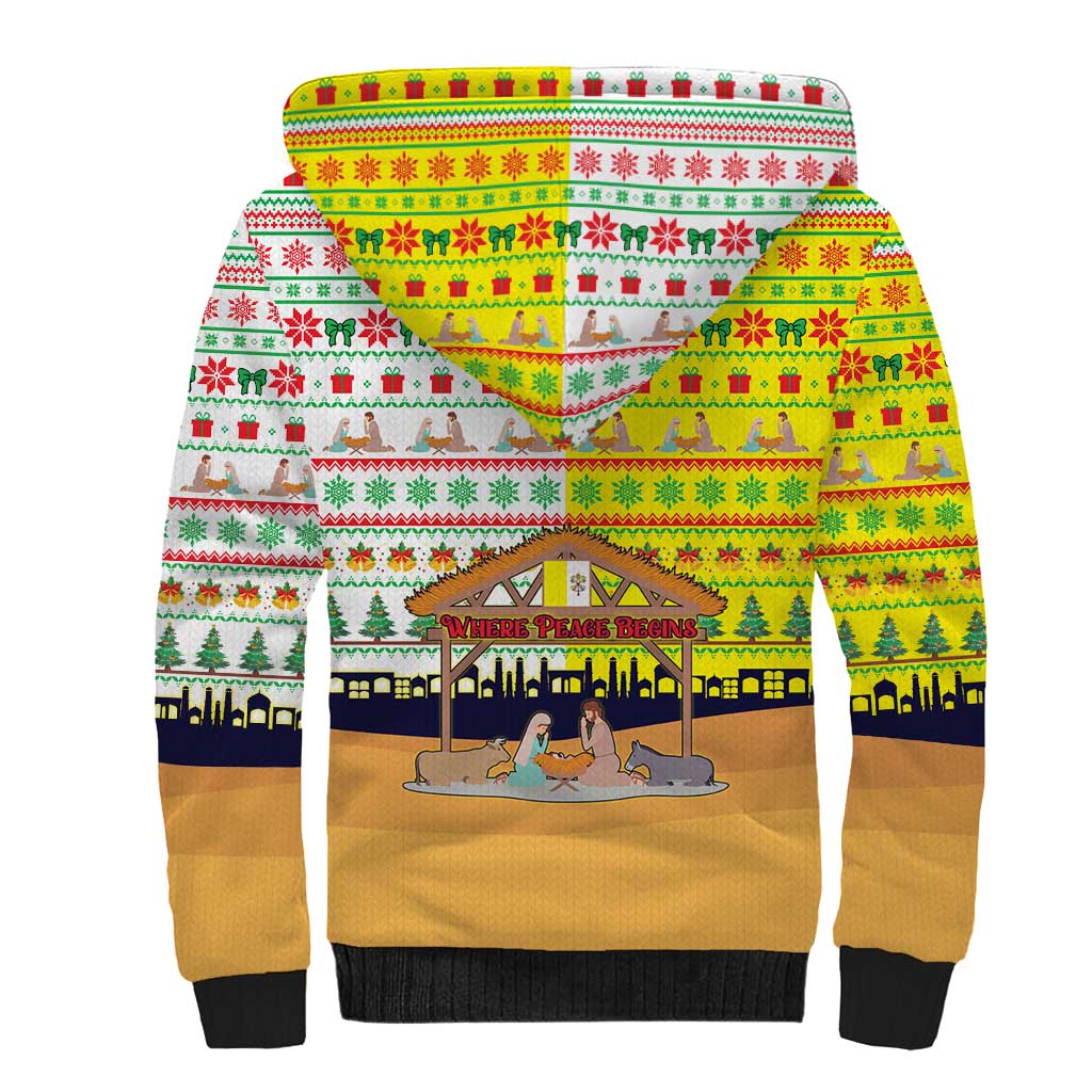 Vatican Christmas Sherpa Hoodie with Bethlehem Silhouette Yellow Red Green Pattern and Baby Jesus Manger - Wonder Print Shop