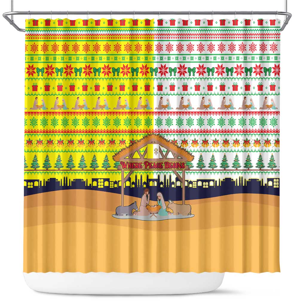 Vatican Christmas Shower Curtain with Bethlehem Silhouette Yellow Red Green Pattern and Baby Jesus Manger - Wonder Print Shop